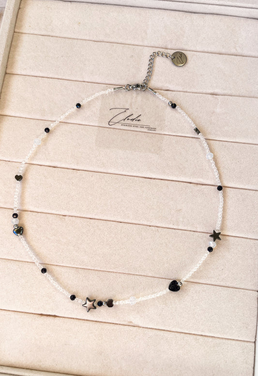 Колие “Еnergie céleste” с прозрачни кристали,хематит,авантюрин и лунен камък